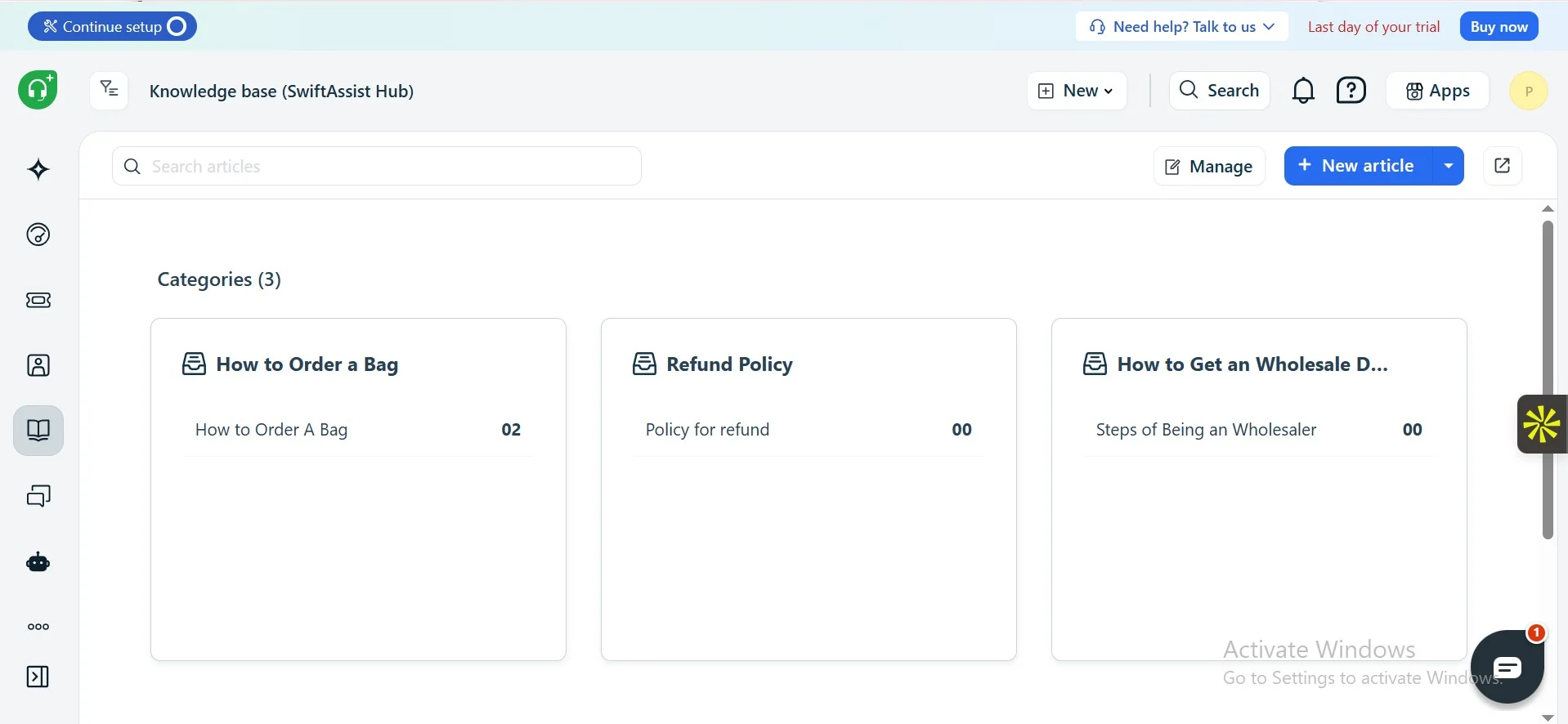 Freshdesk – Knowledge base categories (SwiftAssist Hub)