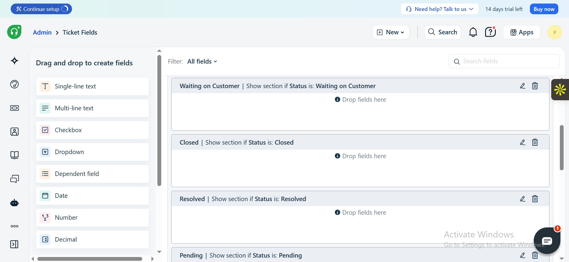 Freshdesk — Custom ticket statuses with conditional field sections