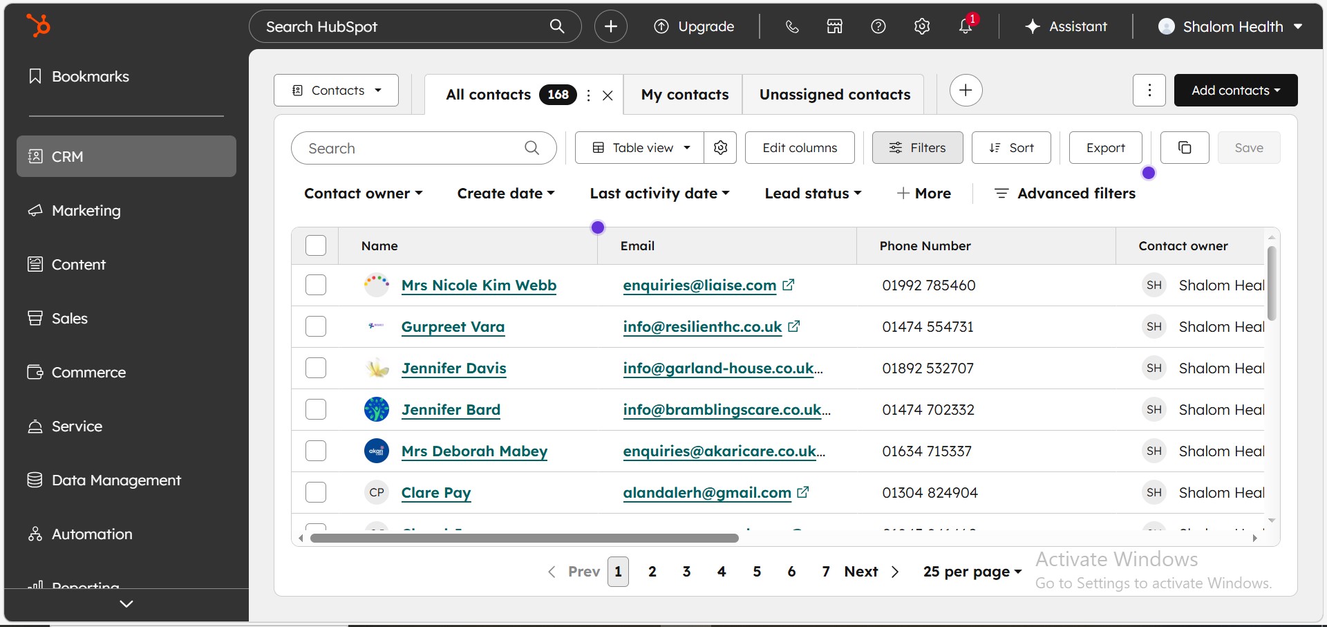 HubSpot — All contacts overview (168 records)